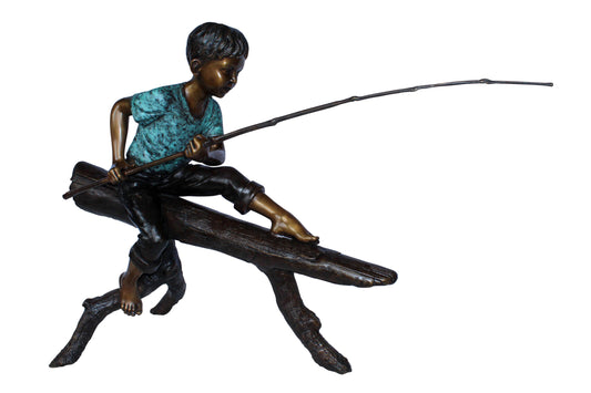 Bronze Statue of Boy Fishing Sitting on Tree Log 50" x 19" x 35"H