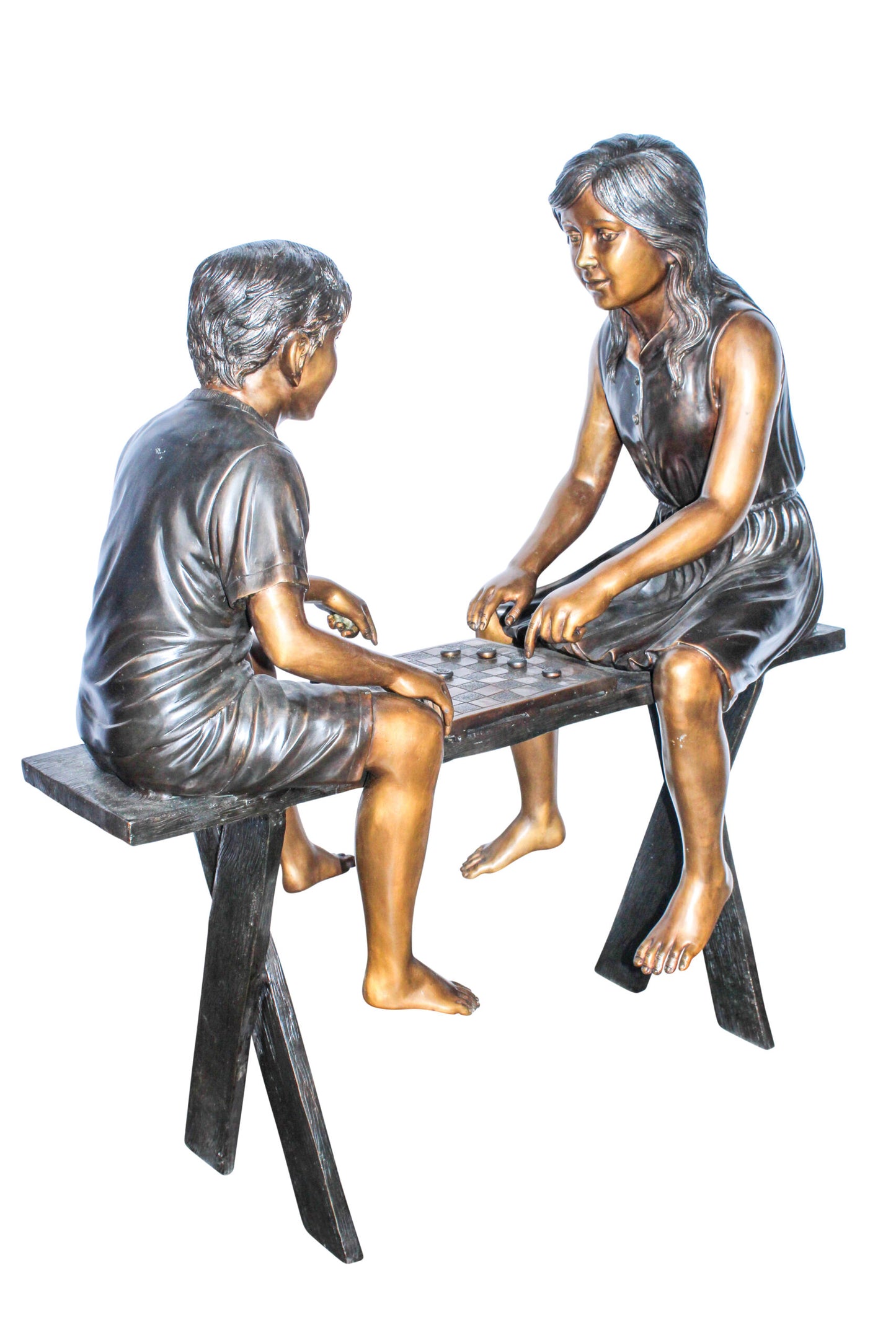Life Size Bronze Children Playing Checkers Statue 37" x 17" x 44"H