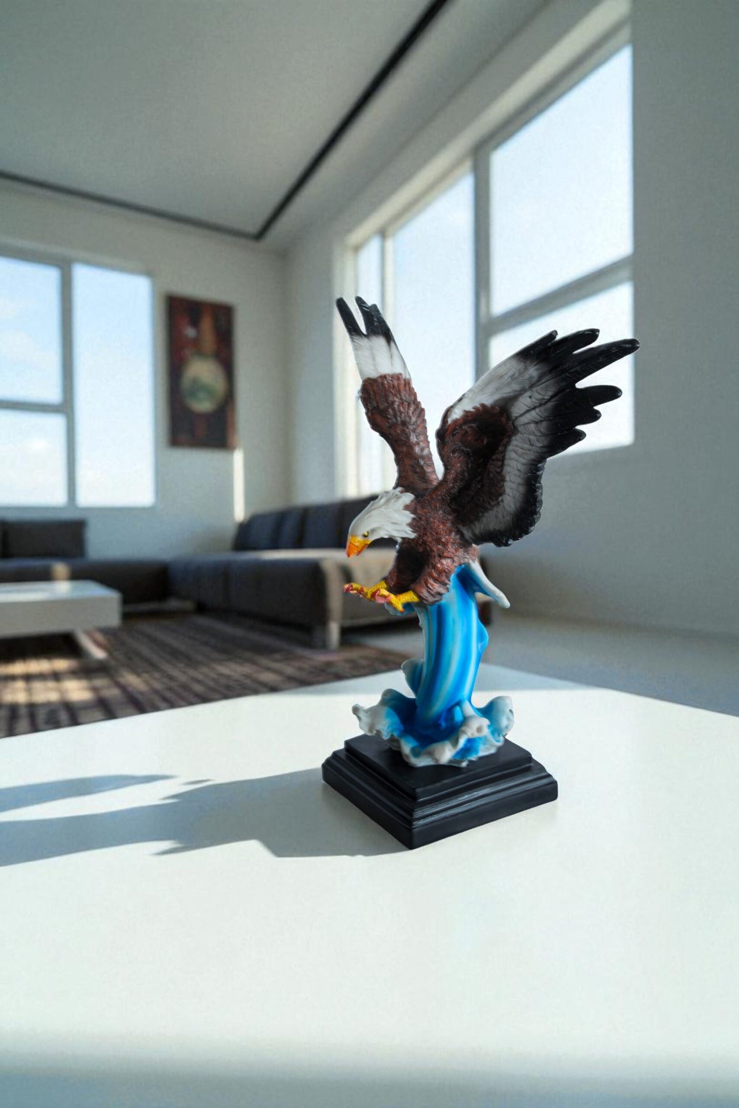 Resin Bald Eagle Statue Diving Over Ocean Wave on Base 14" x 7" x 17"H