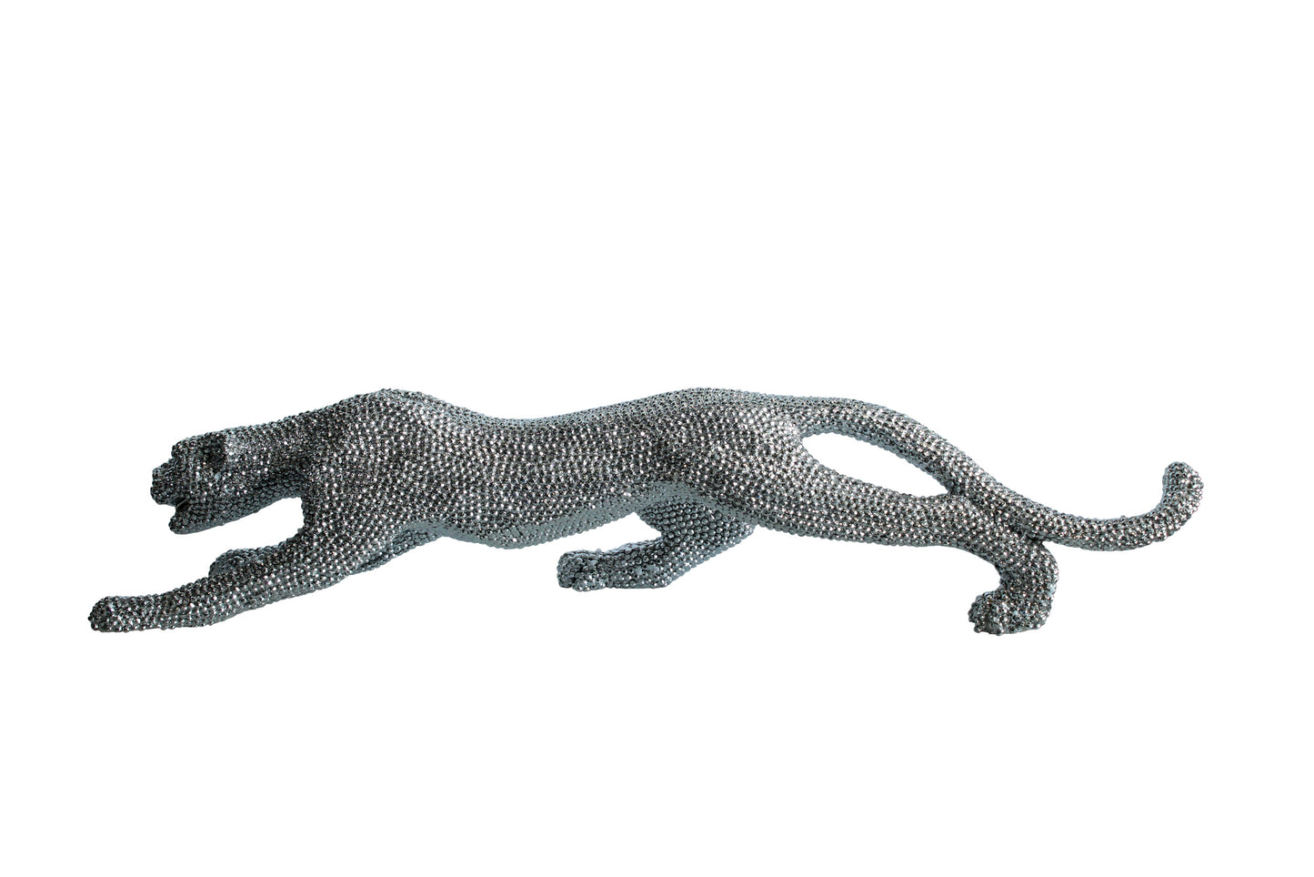 Silver Resin Bead Panther Sculpture in Dynamic Crouch Pose Art 36" x 7" x 8"H