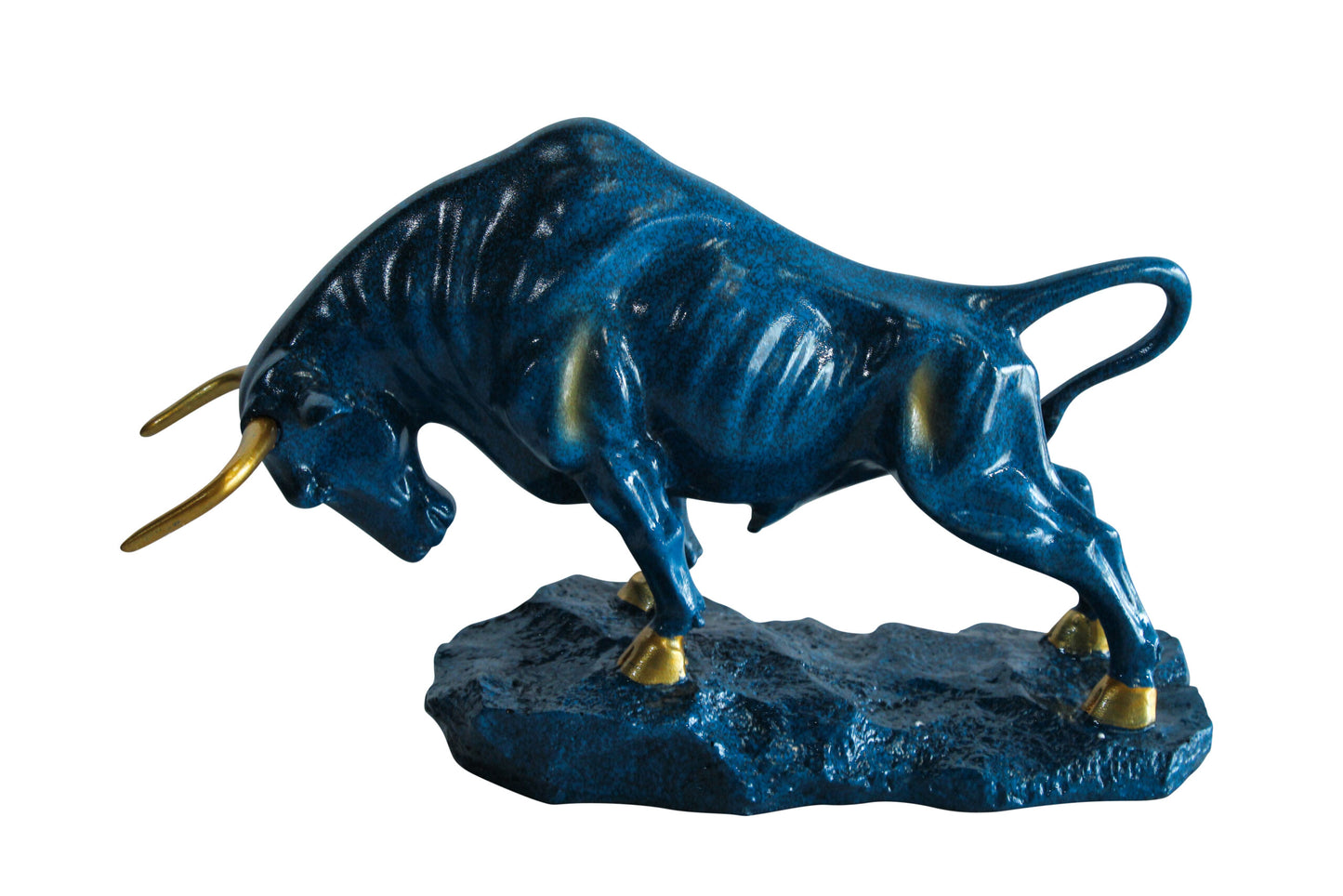 Blue Resin Bull Statue with Gold Horns and Hooves on Base 14" x 4" x 9"H