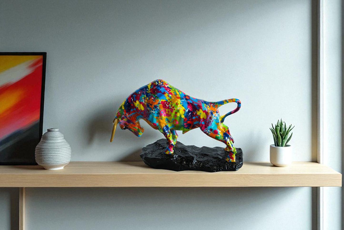 Nifao Resin Bull Statue – Colorful Indoor/Outdoor Charging Bull Sculpture, Vibrant Splatter Art Finish with Gold Horns, Modern Pop Art Animal Figurine for Homes, Offices & Gallery Decor 14" x 4" x 9"H