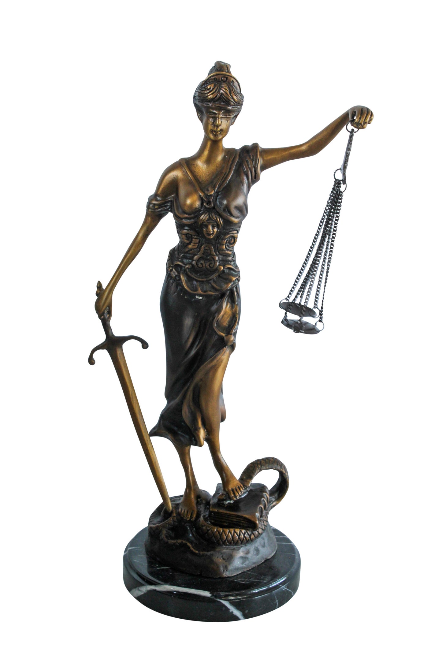 Bronze Lady Justice Statue with Sword Scales and Marble Base 9" x 6" x 16"H