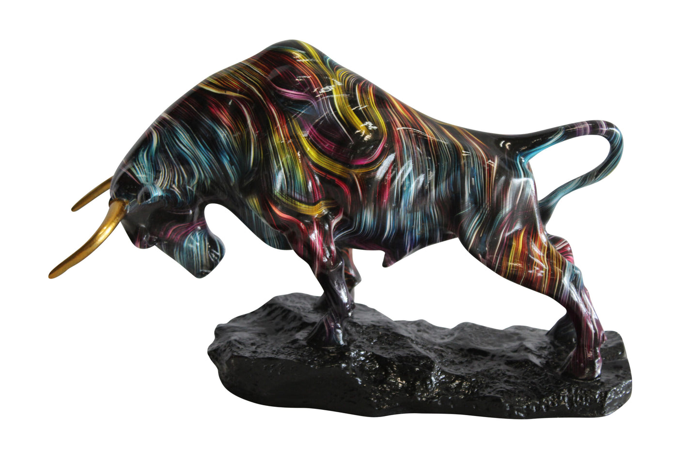 Resin Bull Statue with Swirling Multicolor Lines and Gold Horns 14" x 4" x 9"H