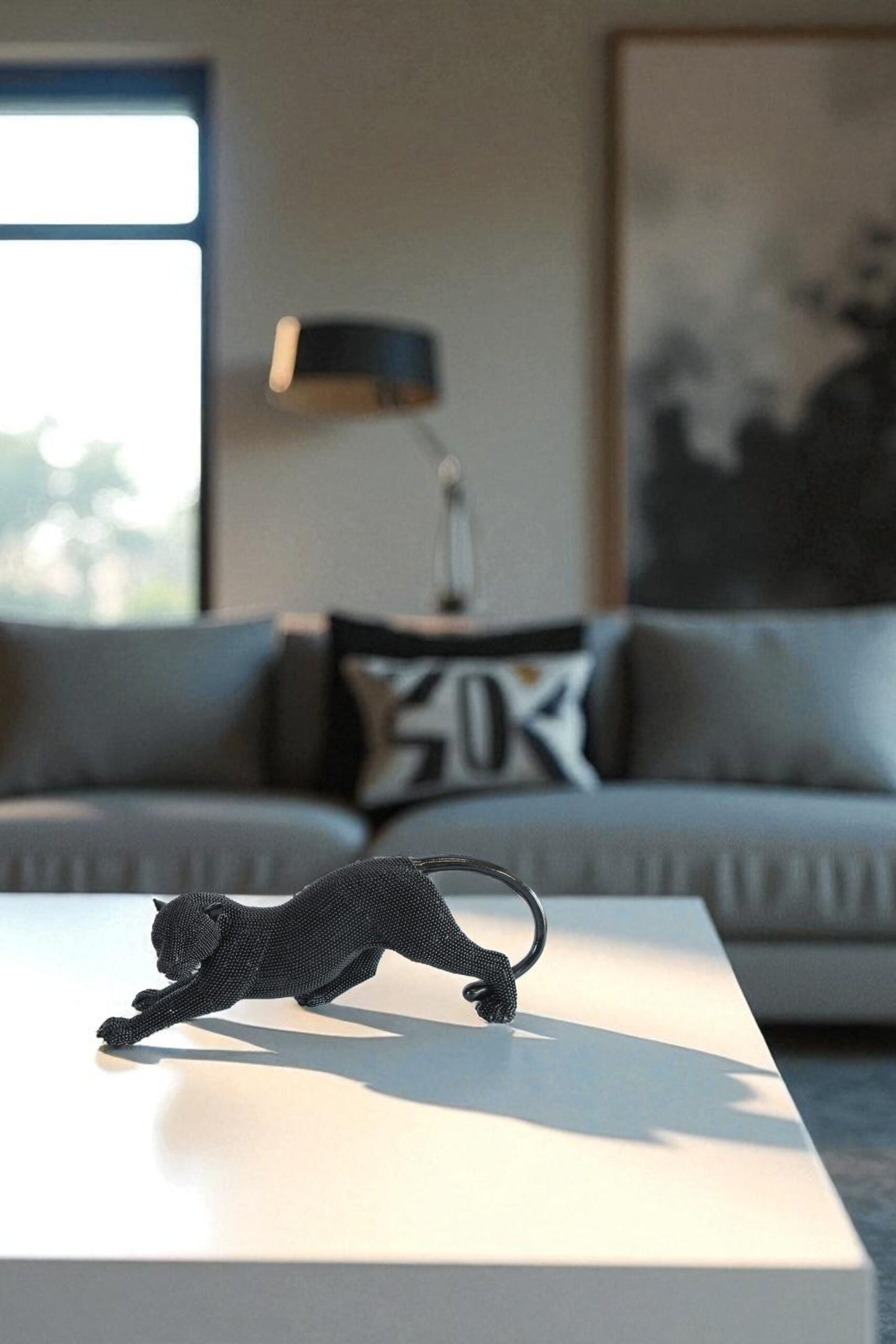 Stretching Panther Black Resin Sculpture With Bead Texture 15" x 4" x 6"H
