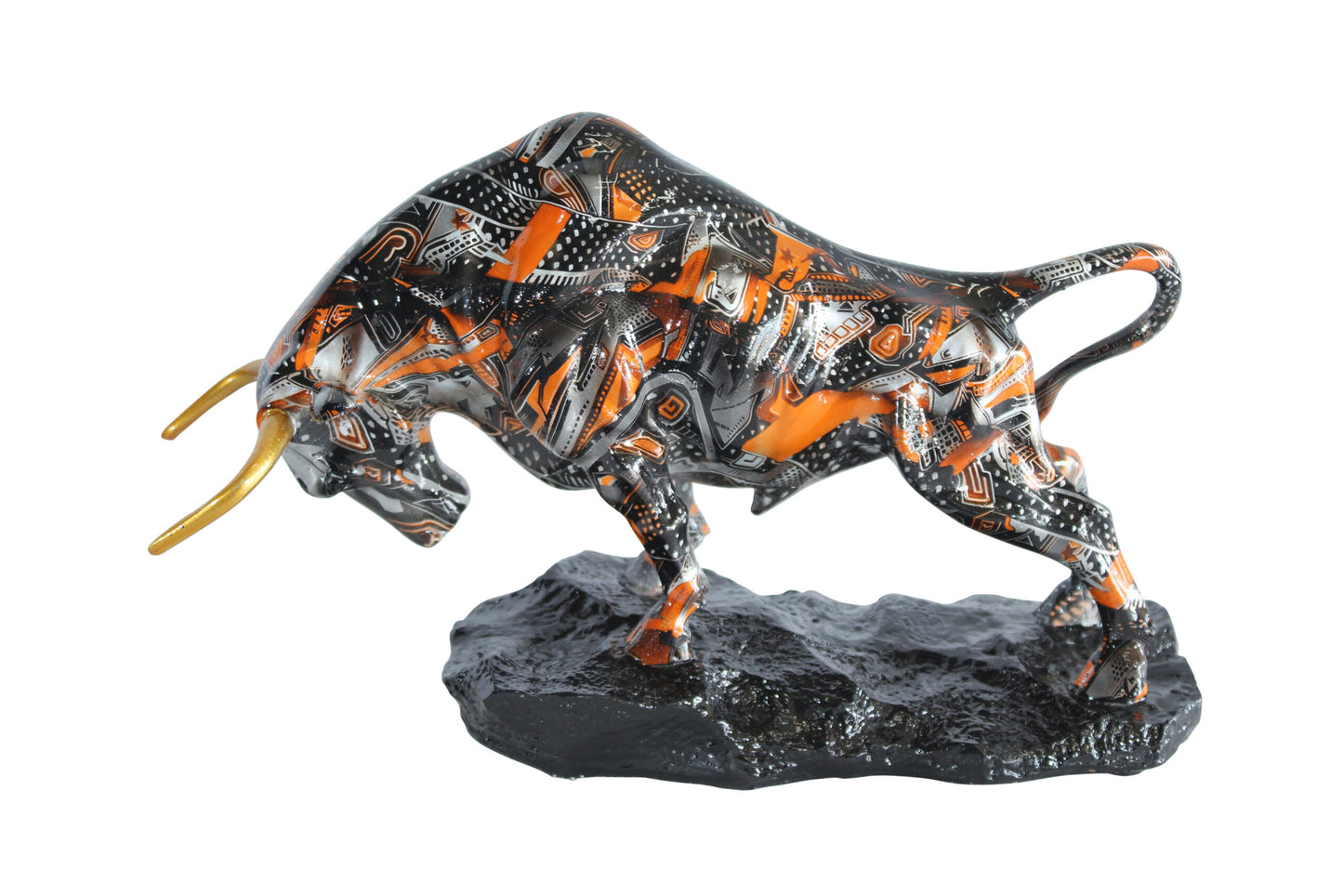 Nifao Modern Abstract Resin Bull Statue in Vivid Orange and Black - Luxury Urban Art Sculpture -14" x 4" x 9"H