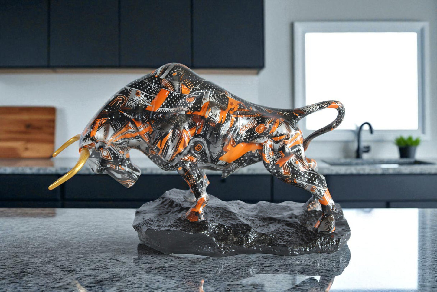 Nifao Modern Abstract Resin Bull Statue in Vivid Orange and Black - Luxury Urban Art Sculpture -14" x 4" x 9"H