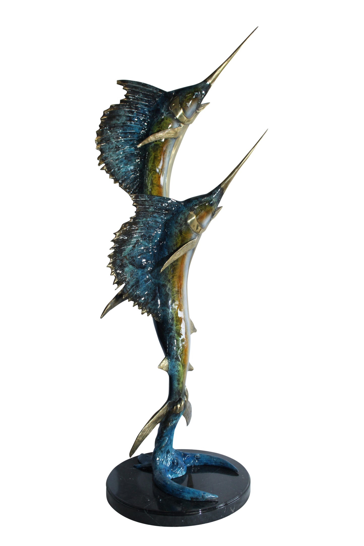 Nifao Twin Sailfish Bronze Statue with Vivid Enamel Finish – Handcrafted Ocean Life Sculpture - 17" x 17" x 56"H