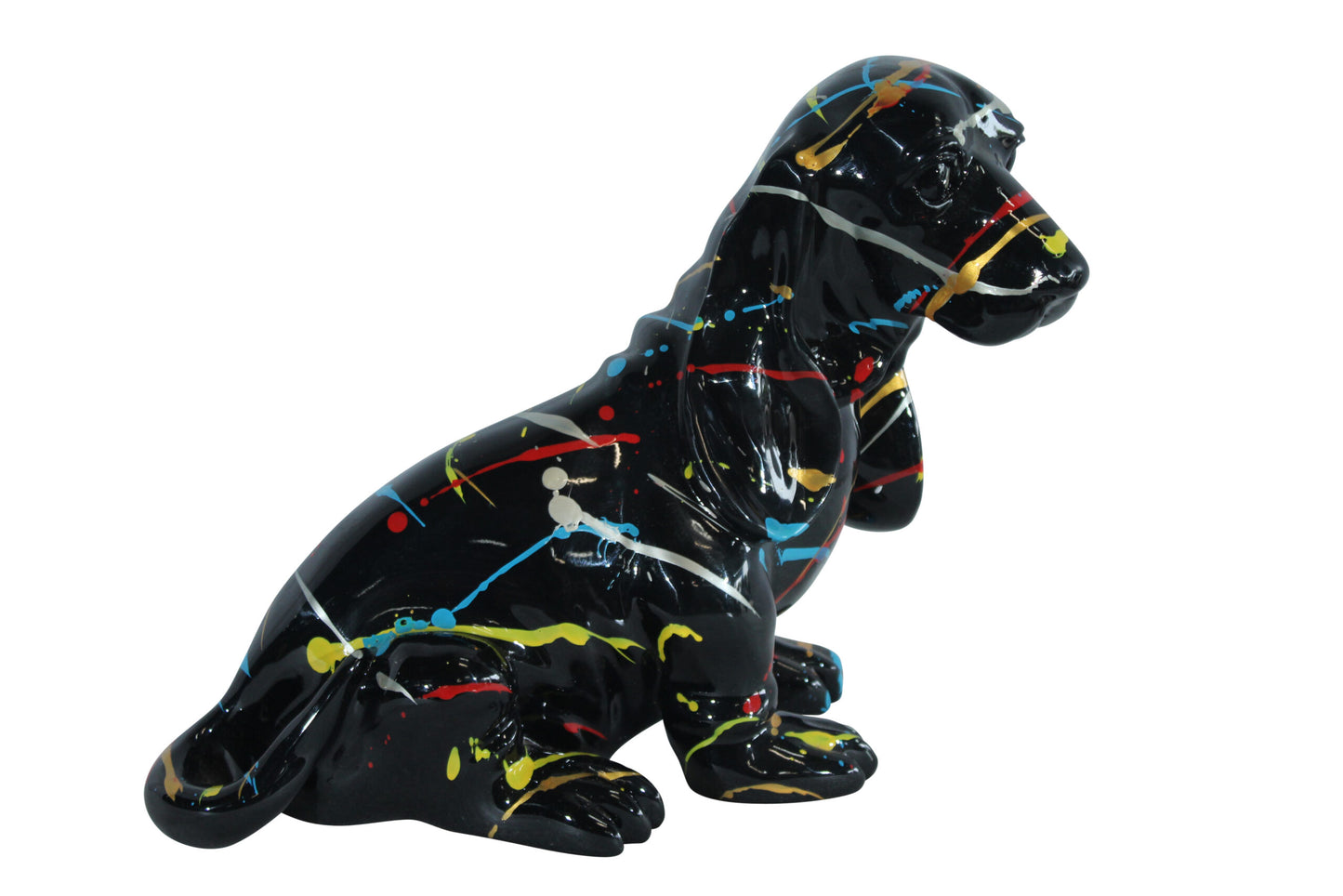 Nifao Resin Basset Hound Statue –Colorful Indoor/Outdoor Dog Sculpture with Abstract Pain Design on Glossy Black Finish,Modern Decorative Figurine for Dog Lovers,Art Collections16 x 8" x 13"H
