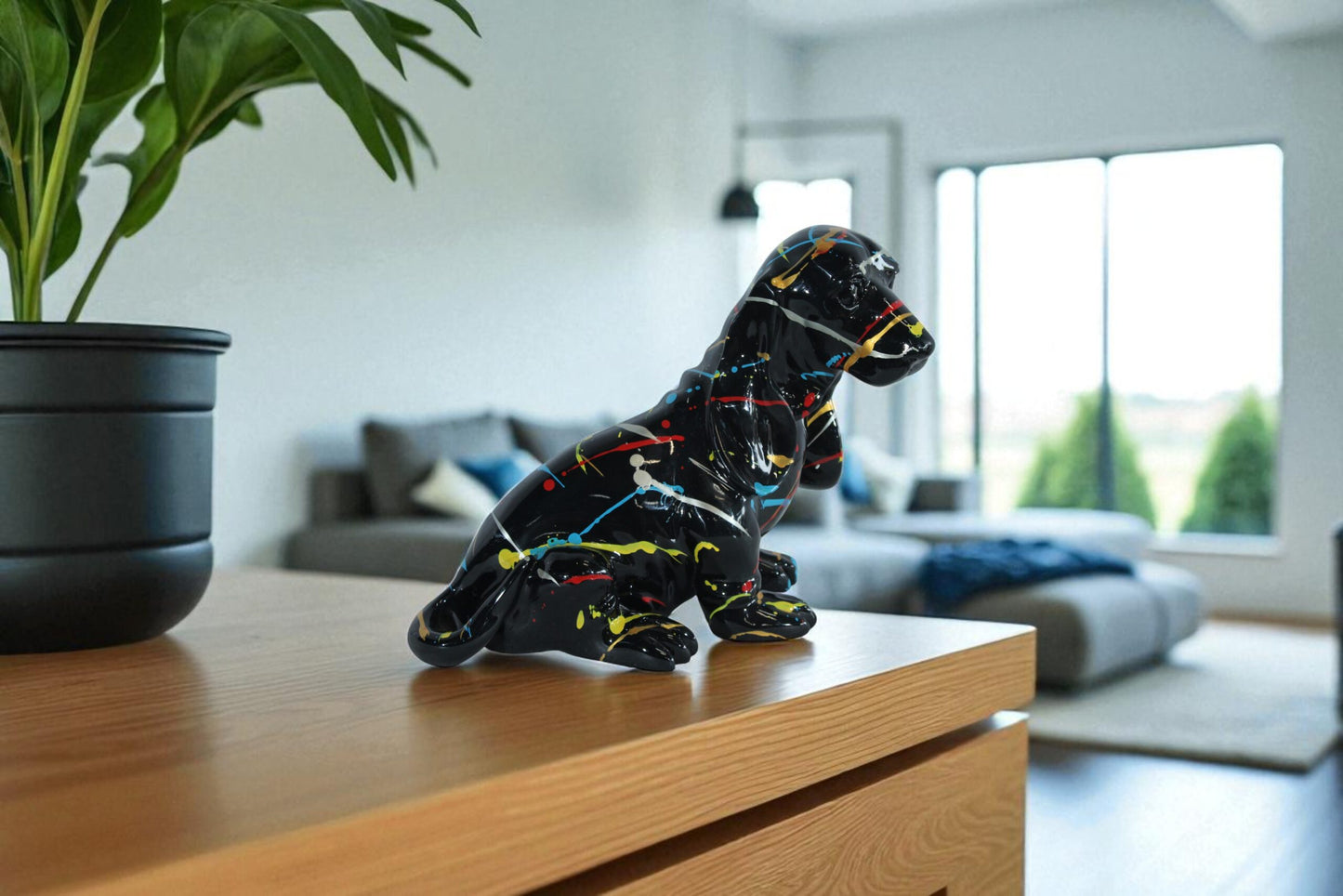 Nifao Resin Basset Hound Statue –Colorful Indoor/Outdoor Dog Sculpture with Abstract Pain Design on Glossy Black Finish,Modern Decorative Figurine for Dog Lovers,Art Collections16 x 8" x 13"H