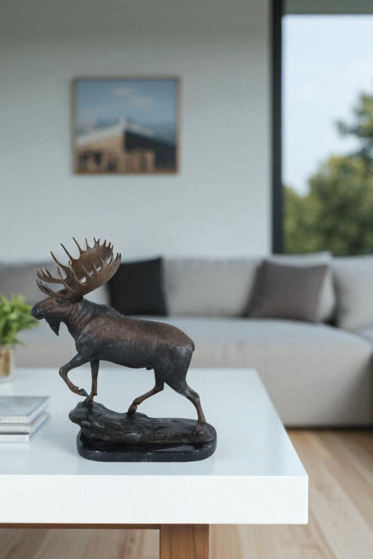Nifao Bronze Moose Statue - Indoor/Outdoor Wildlife Sculpture,Wax Casting with Lifelike Detail, Moose Walking Pose on Polished Black Marble Base for Homes, Offices & Collectors11 x 4" x 13"H