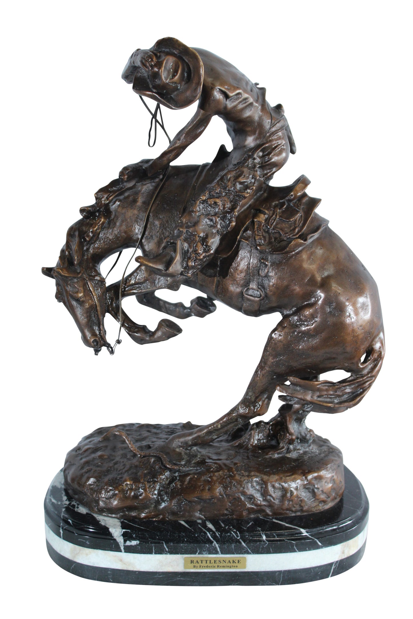 Nifao Bronze Rattlesnake Statue - Frederic Remington Replica Cowboy & Horse Sculpture, Lost Wax Casting on Marble Base,Large Indoor/Outdoor Art for Collectors & Rustic Decor15 x 9" x 25"H