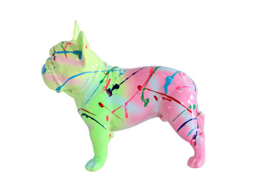 Nifao Resin Bulldog Statue –Colorful Indoor/Outdoor Dog Sculpture with Abstract Neon Paint Splatter Design, Glossy Hand-Finished Modern Figurine for Homes, Offices, Art Displays 15" x 7" x 14"H