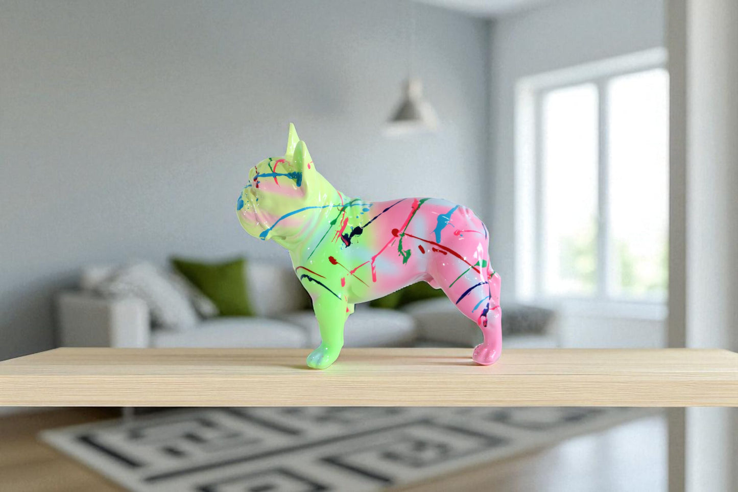 Nifao Resin Bulldog Statue –Colorful Indoor/Outdoor Dog Sculpture with Abstract Neon Paint Splatter Design, Glossy Hand-Finished Modern Figurine for Homes, Offices, Art Displays 15" x 7" x 14"H