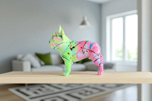Nifao Resin Bulldog Statue –Colorful Indoor/Outdoor Dog Sculpture with Abstract Neon Paint Splatter Design, Glossy Hand-Finished Modern Figurine for Homes, Offices, Art Displays 15" x 7" x 14"H