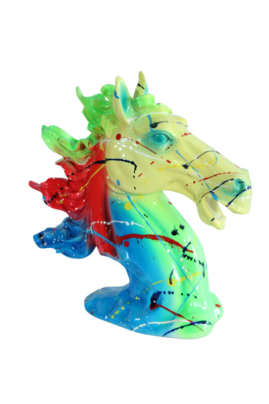 Nifao Colorful Graffiti Resin Horse Head Sculpture – Modern Art Decor with Neon Splashes, High-Gloss Resin Statue for Home, Office, or Living Room – 11" x 4" x 13"H