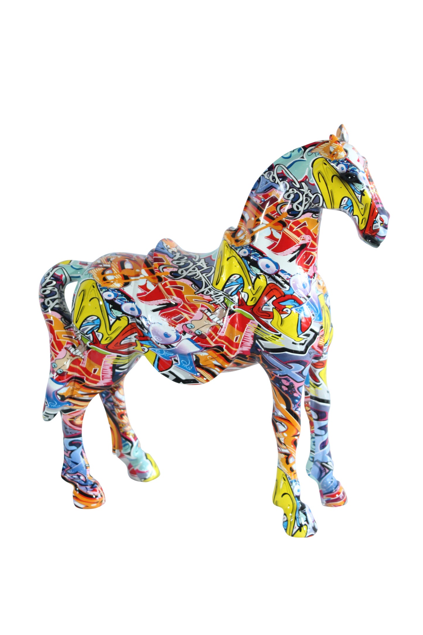 Nifao Resin Horse Statue – Hand-Painted Abstract Graffiti-Style Figurine with Built-in Saddle, Colorful Modern Home & Office Decor Accent, Durable Resin Sculpture 14" x 5" x 15"H
