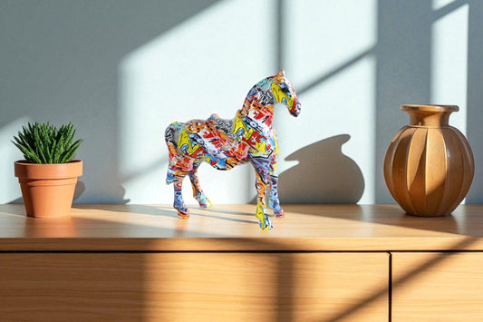 Nifao Resin Horse Statue – Hand-Painted Abstract Graffiti-Style Figurine with Built-in Saddle, Colorful Modern Home & Office Decor Accent, Durable Resin Sculpture 14" x 5" x 15"H
