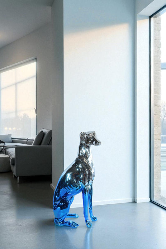 Nifao Resin Greyhound Sculpture – Contemporary Chrome Blue Dog Figurine with Sleek Reflective Finish, Modern Home & Office Decor Accent, Lightweight Resin Art Statue 10" x 5" x 22"H