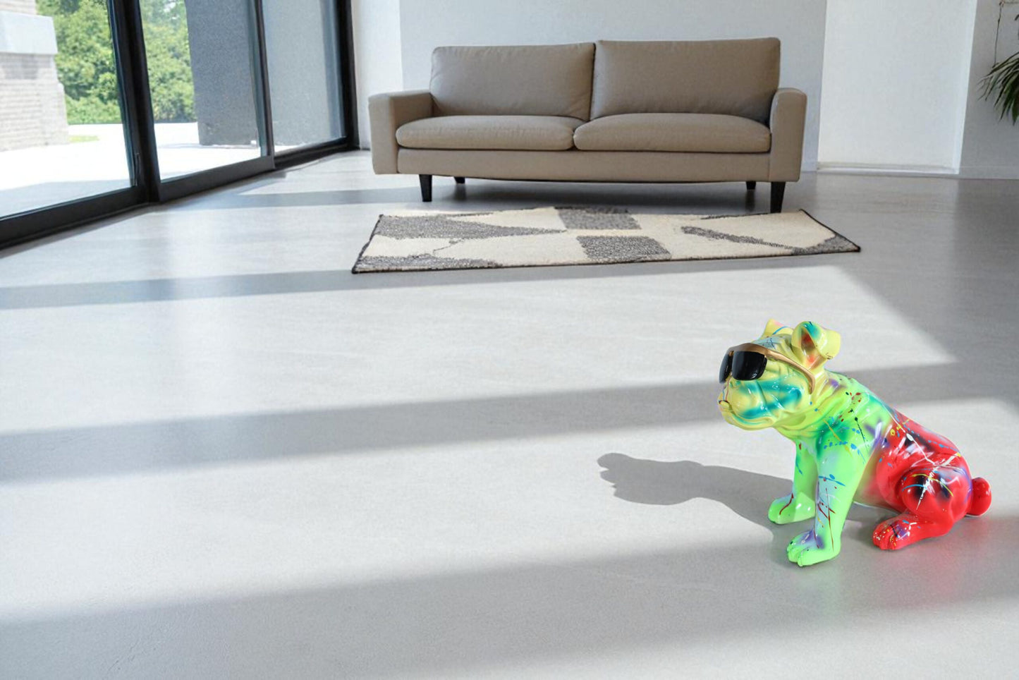 Nifao Colorful Resin Bulldog Statue with Sunglasses – Hand-Painted Multicolored Paint-Splatter Dog, Modern Pop Art Sculpture for Home, Office, Durable Resin Decor Accent 17" x 9" x 13"H