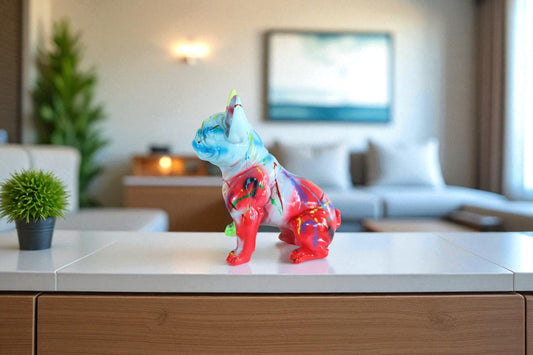 Nifao Colorful Resin French Bulldog Statue –Tall Hand-Painted Pop Art Dog Figurine with Bold Splash Design, Modern Home, Office, or Gallery Decor Accent, Durable Resin Sculpture, 15" x 8" x 16"H
