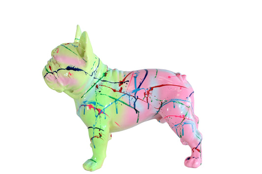 Nifao Colorful French Bulldog Statue – Hand-Painted Resin Dog Figurine with Neon Splatter Paint Design, Pop Art Modern Home, Office, or Gallery Decor Accent 11" x 5" x 10"H