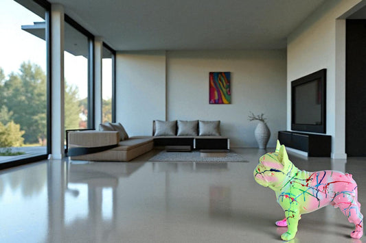 Nifao Colorful French Bulldog Statue – Hand-Painted Resin Dog Figurine with Neon Splatter Paint Design, Pop Art Modern Home, Office, or Gallery Decor Accent 11" x 5" x 10"H