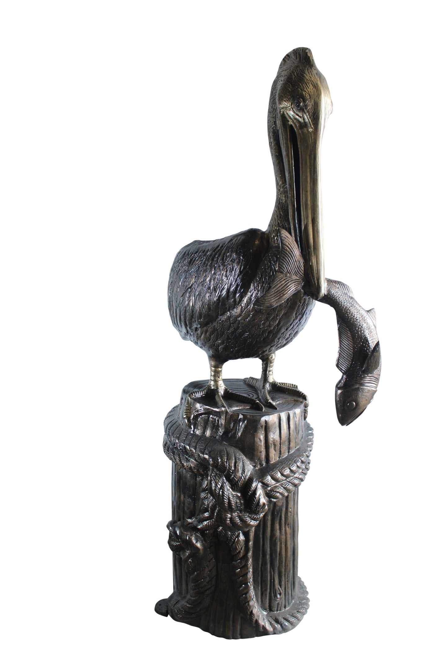 Giant Aluminum Pelican Statue Catching Fish on Dock Post 40" x 33" x 78"H