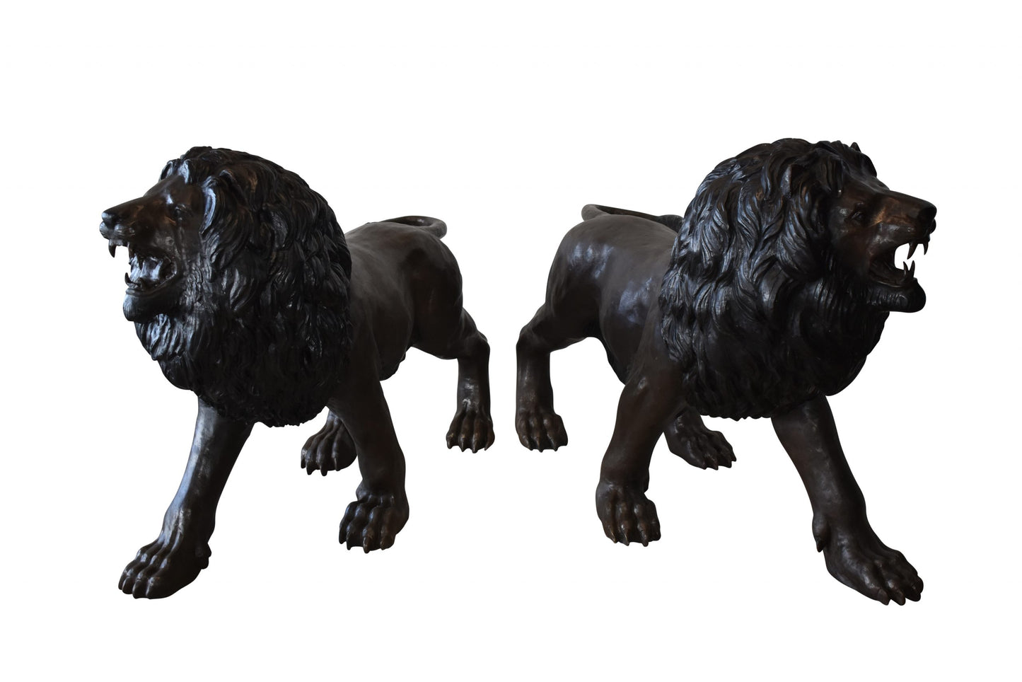 A Pair of Large Lions Walking Side by Side Bronze Statues Size: 24" x 60" x 41"H