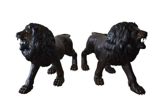 A Pair of Large Lions Walking Side by Side Bronze Statues Size: 24" x 60" x 41"H