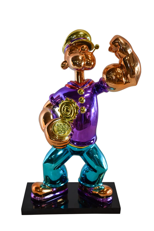 Chrome Popeye Cartoon in Purple Shirt on Black Base Resin Statue 9" x 8" x 16"H
