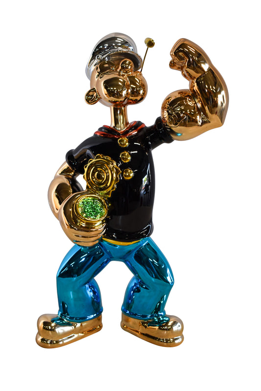 Colorful Chrome Popeye Cartoon in Black Shirt Resin Statue 12" x 8" x 18"H