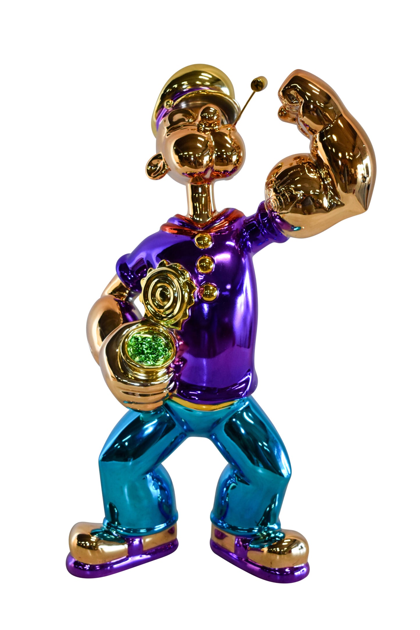 Colorful Chrome Popeye Cartoon in Purple Shirt Resin Statue 12" x 8" x 18"H