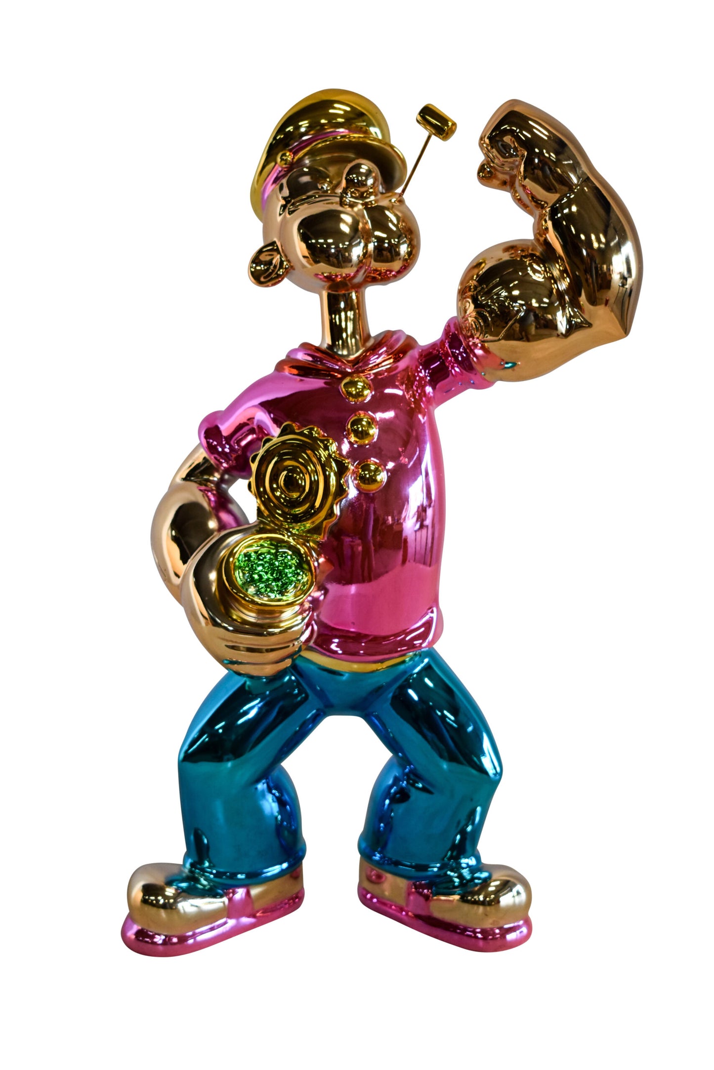 Colorful Chrome Popeye Cartoon in Pink Shirt Statue 12" x 8" x 18"H