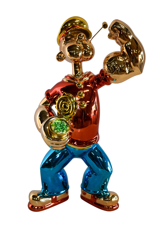 Colorful Chrome Popeye Cartoon in Red Shirt Resin Statue 12" x 8" x 18"H