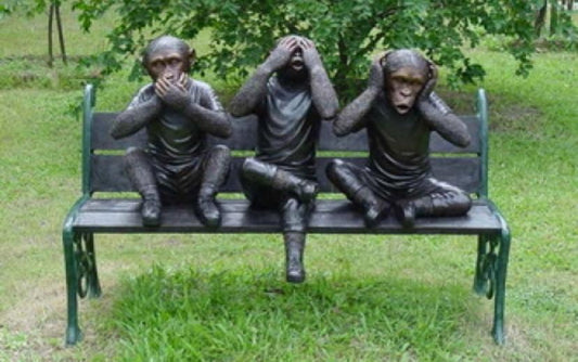 Three wise monkeys on bench large bronze statue bronze - Size: 52" x 32" x 36"H