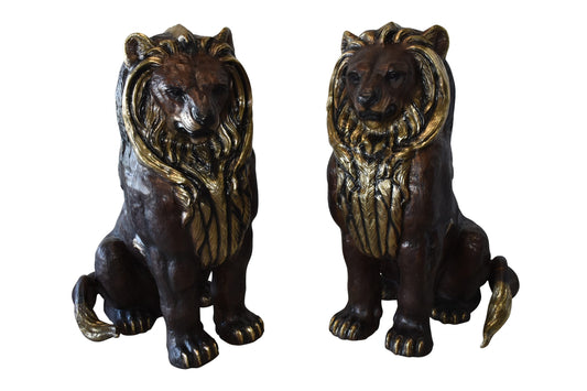 A Pair of Giant Lions with Gold Mane Bronze Statues Size: 36" x 46" x 58"H