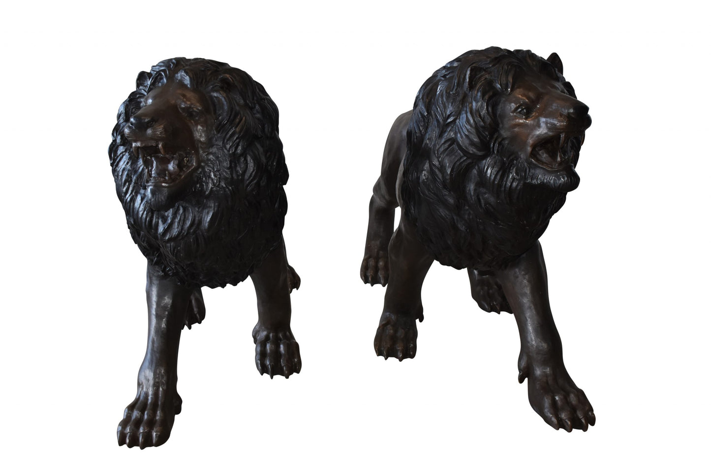 A Pair of Large Lions Walking Side by Side Bronze Statues Size: 24" x 60" x 41"H