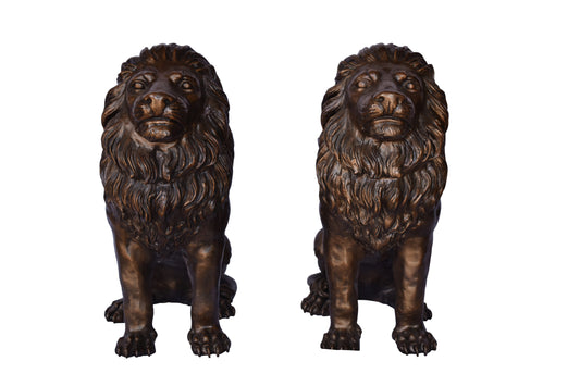 A Pair of Lions Sitting on The Ground Bronze Statues Size: 14" x 27" x 29"H