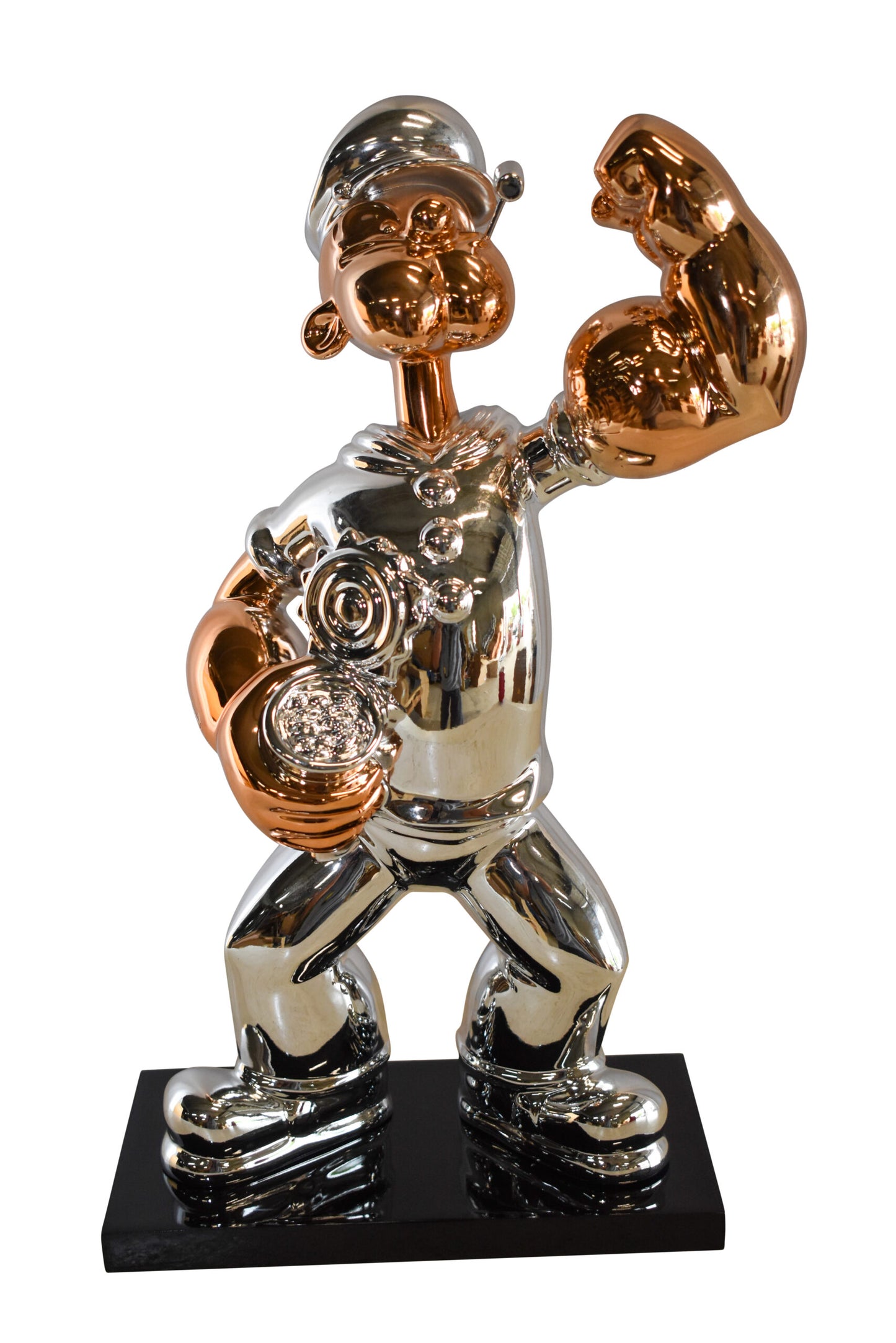 Small Silver Chrome Popeye On Black Base Resin Statue 12" x 5" x 16"H