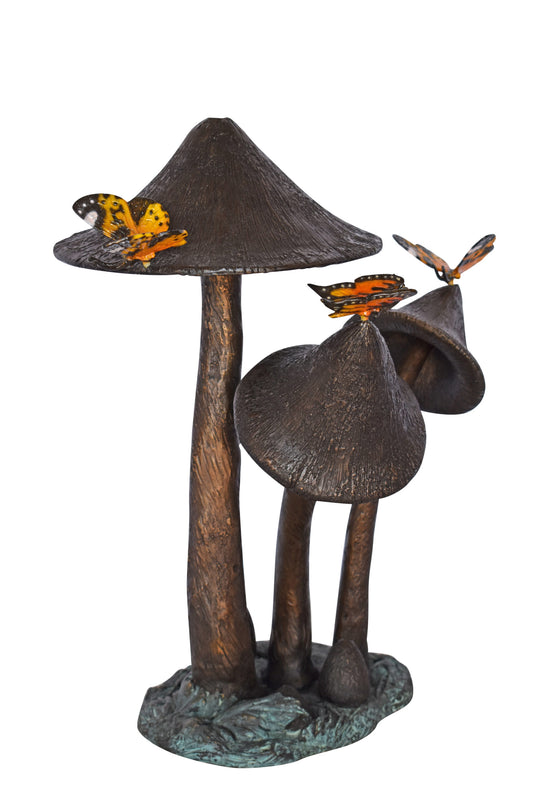Mushrooms with Butterflies Bronze Statue Fountain - Size: 16"L x 12"W x 18"H.