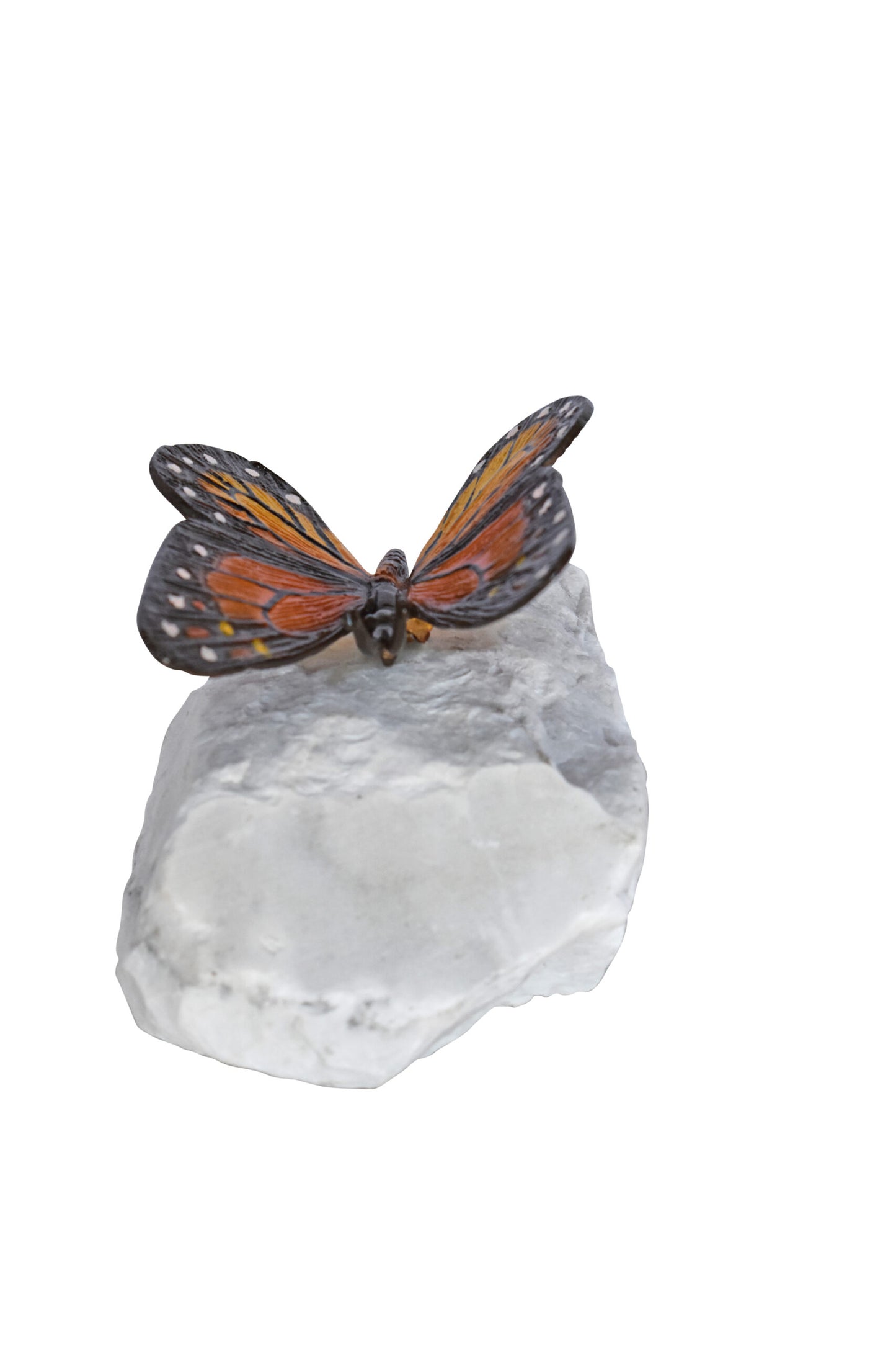 Black and Orange Butterfly made of Bronze mounted on a rock Size: 5" x 5" x 4"H