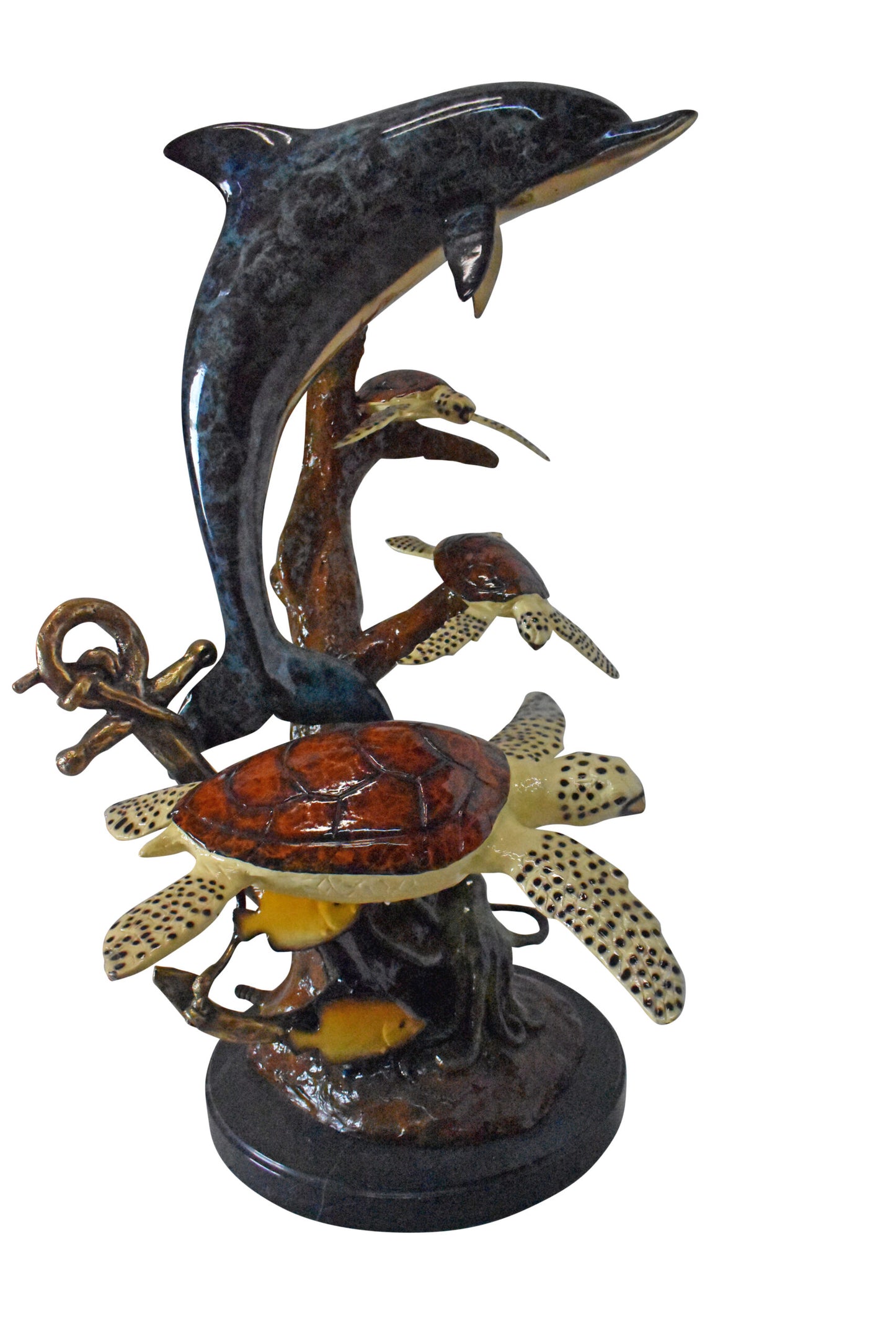 Dolphin with Three Turtles Bronze Statue Fountain - Size: 23"L x 22"W x 35"H.