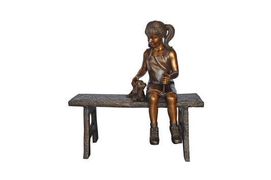 Young Girl with Her Puppy on Bench Reading Bronze Statue, Size 37" x 17" x 38"H