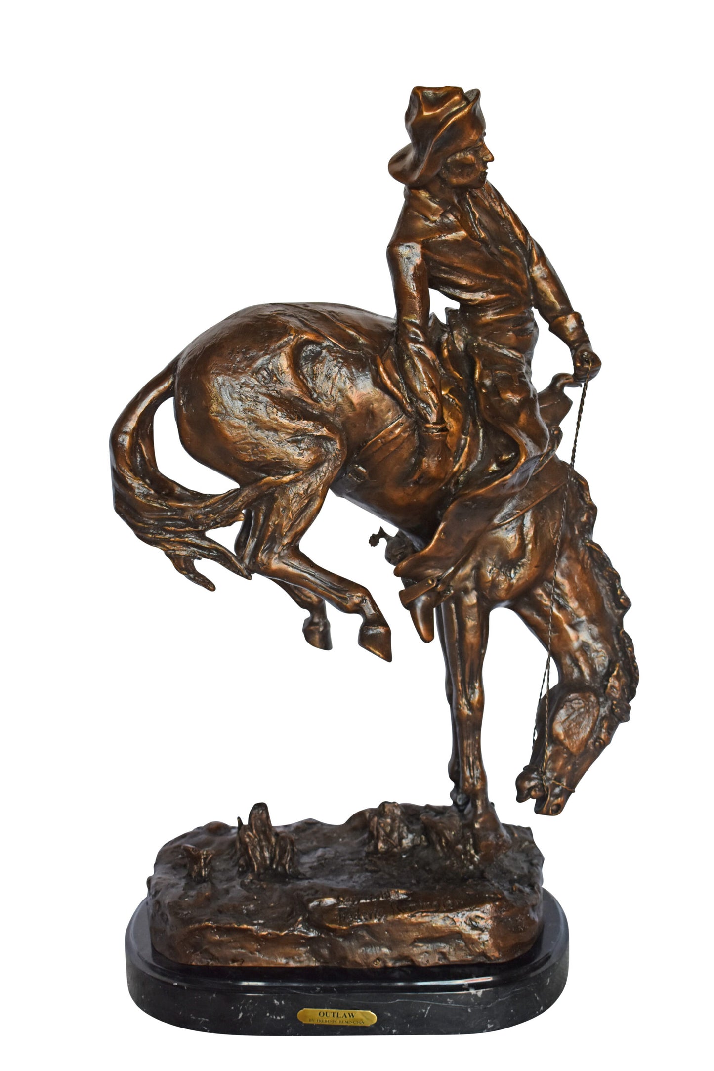 Outlaw by Remington Bronze Statue Replica - Size: 18"L x 10"W x 32"H.