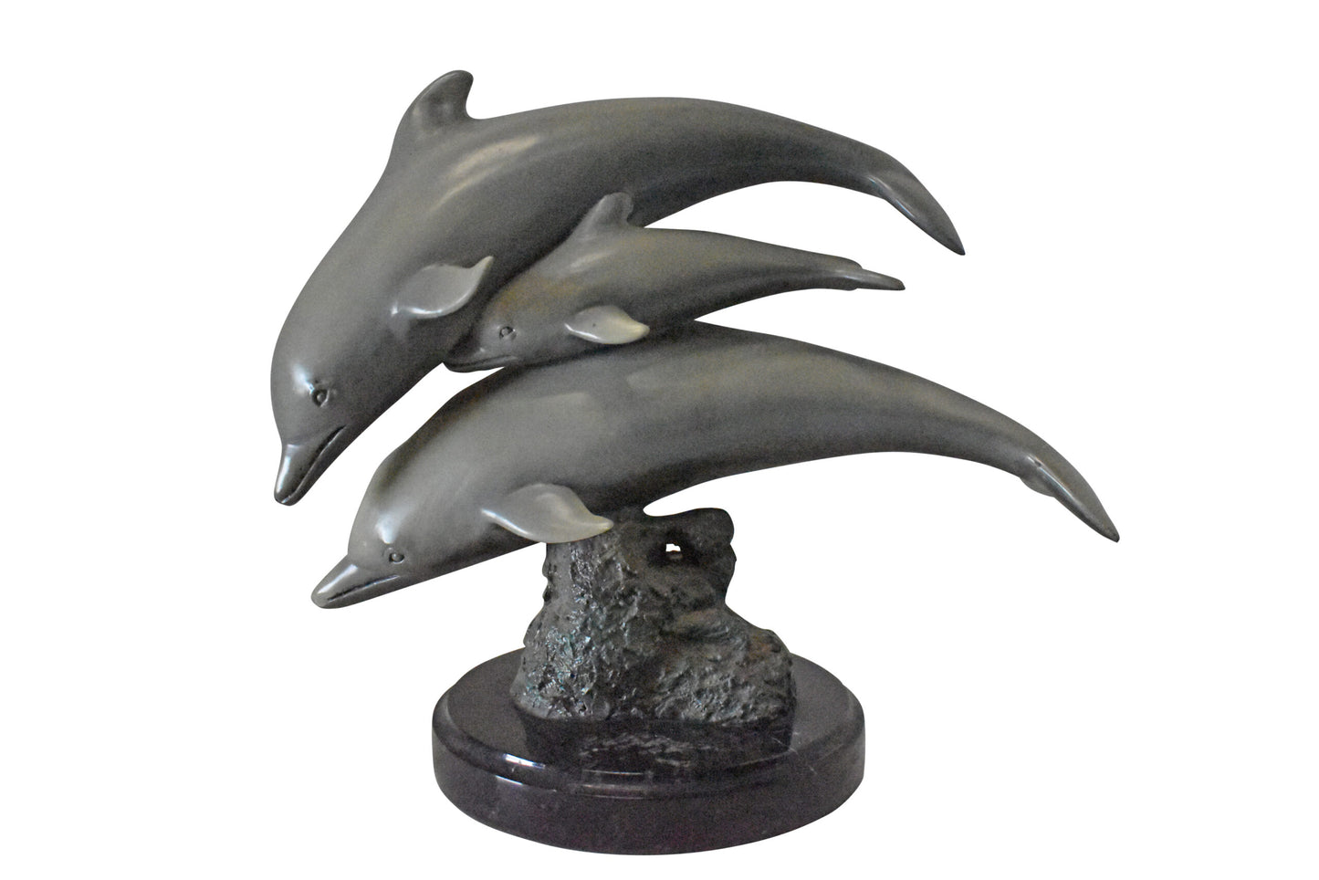 Three Grey Dolphins Swimming Bronze Statue on Marble - Size: 16"L x 9"W x 13"H.