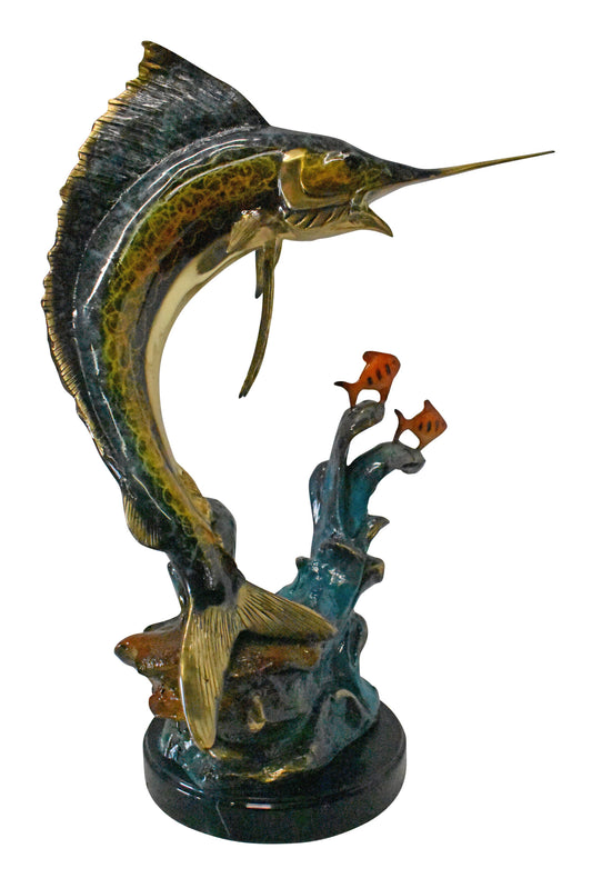Swordfish with Two Small fish Bronze Statue on Marble - Size: 21"L x 13"W x 28"H