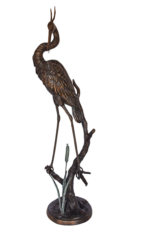 Crane Standing on A Branch Bronze Statue Fountain - Size: 13"L x 7"W x 43"H.