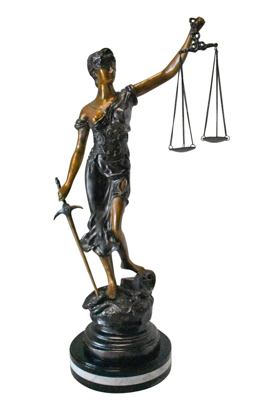 Lady Justice bronze statue mounted on a marble - Size: 14"L x 16"W x 32"H.