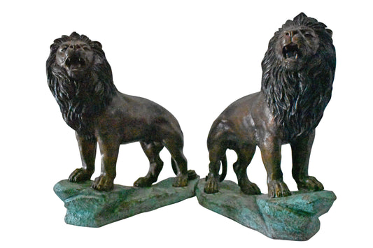 Pair of Standing Lions Bronze Statues - Size: 26"L x 11"W x 25"H.